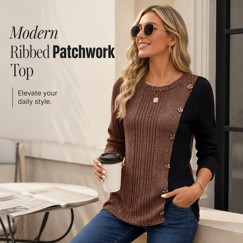 Women's Color Block Casual Ribbed Knit Top