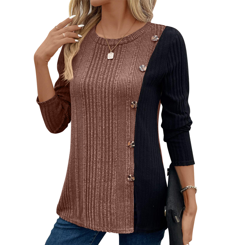 Women's Color Block Casual Ribbed Knit Top