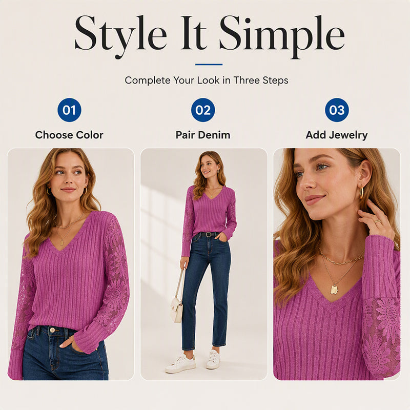 Women's Brushed Ribbed Long Sleeve Lace Patchwork Top