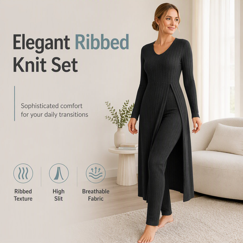 ✨ Easy Everyday Comfort | Women's Ribbed Longline Top & Slim-Fit Pants 2-Piece Set