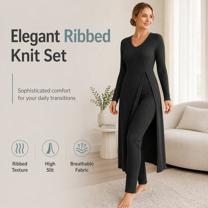 ✨ Easy Everyday Comfort | Women's Ribbed Longline Top & Slim-Fit Pants 2-Piece Set