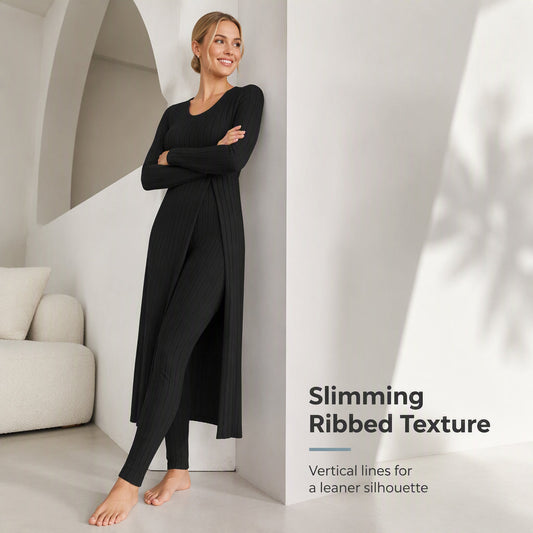 ✨ Easy Everyday Comfort | Women's Ribbed Longline Top & Slim-Fit Pants 2-Piece Set