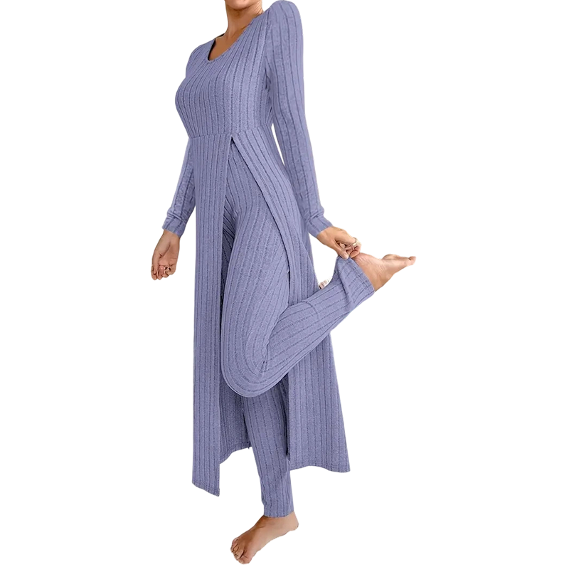 ✨ Easy Everyday Comfort | Women's Ribbed Longline Top & Slim-Fit Pants 2-Piece Set