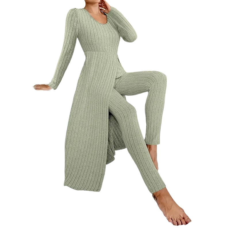 ✨ Easy Everyday Comfort | Women's Ribbed Longline Top & Slim-Fit Pants 2-Piece Set