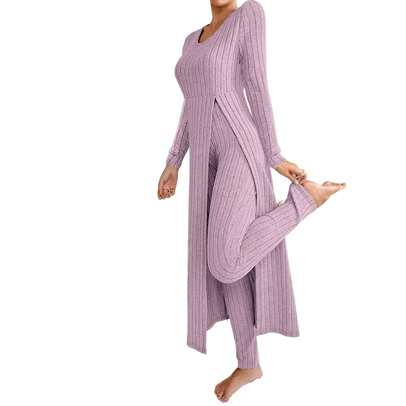 ✨ Easy Everyday Comfort | Women's Ribbed Longline Top & Slim-Fit Pants 2-Piece Set