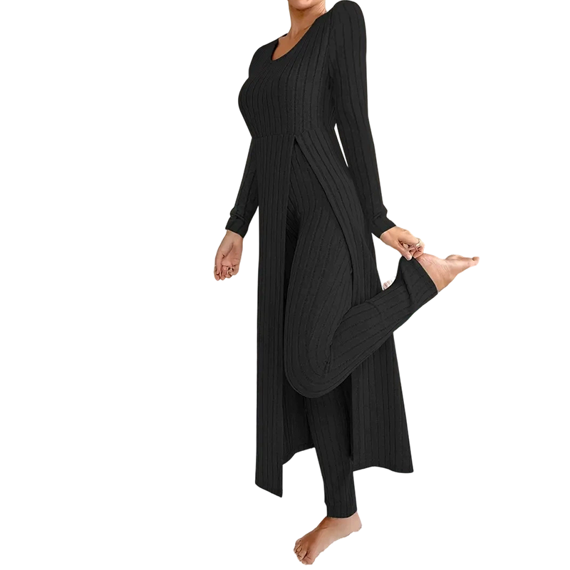 ✨ Easy Everyday Comfort | Women's Ribbed Longline Top & Slim-Fit Pants 2-Piece Set