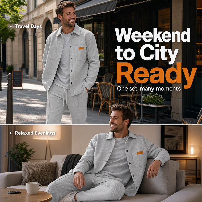 ✨ Elevated Comfort | Men's Waffle-Knit Button Jacket & Pants 2-Piece Set