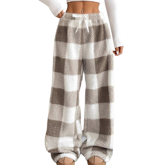 Women's Plush Plaid Wide-Leg Pants