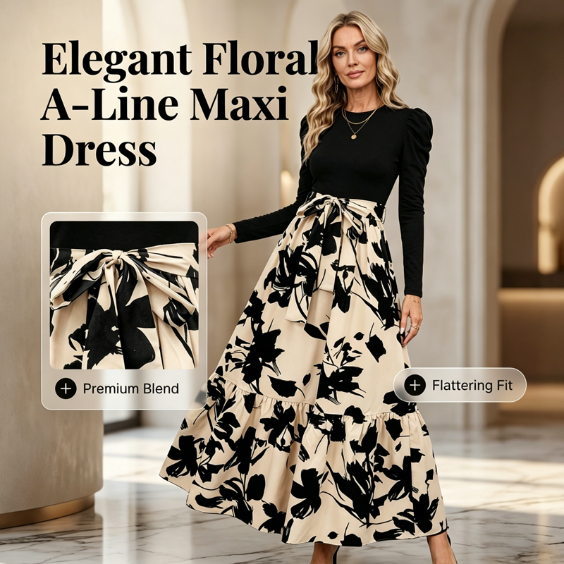Floral Long Sleeve A-Line Maxi Dress for Women
