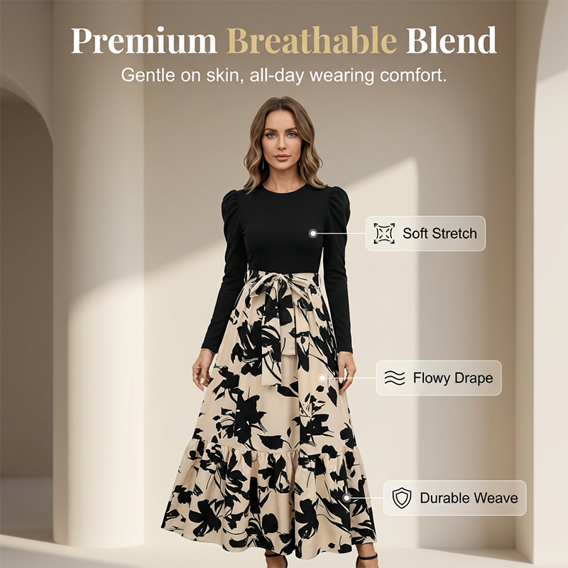 Floral Long Sleeve A-Line Maxi Dress for Women