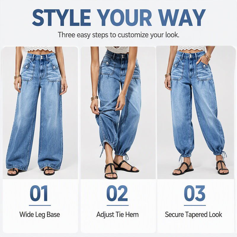 ✨ Flattering Denim Style | Women's High-Waisted Adjustable-Hem Barrel Jeans