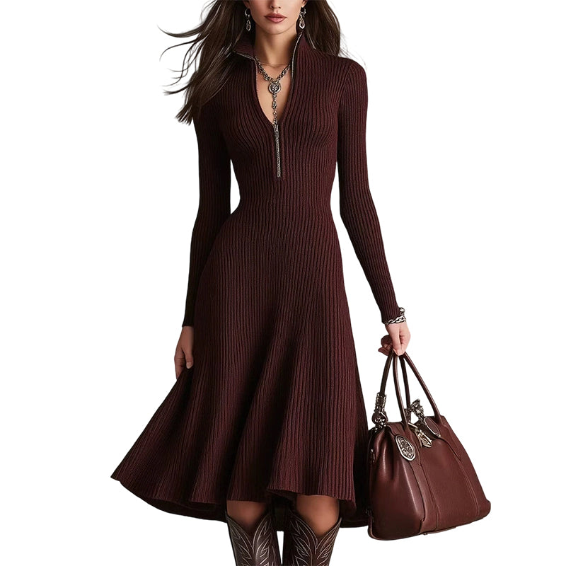 ⌛Limited-Time Offer-Women’s Ribbed Knit Slim Fit Half-Zip Dress