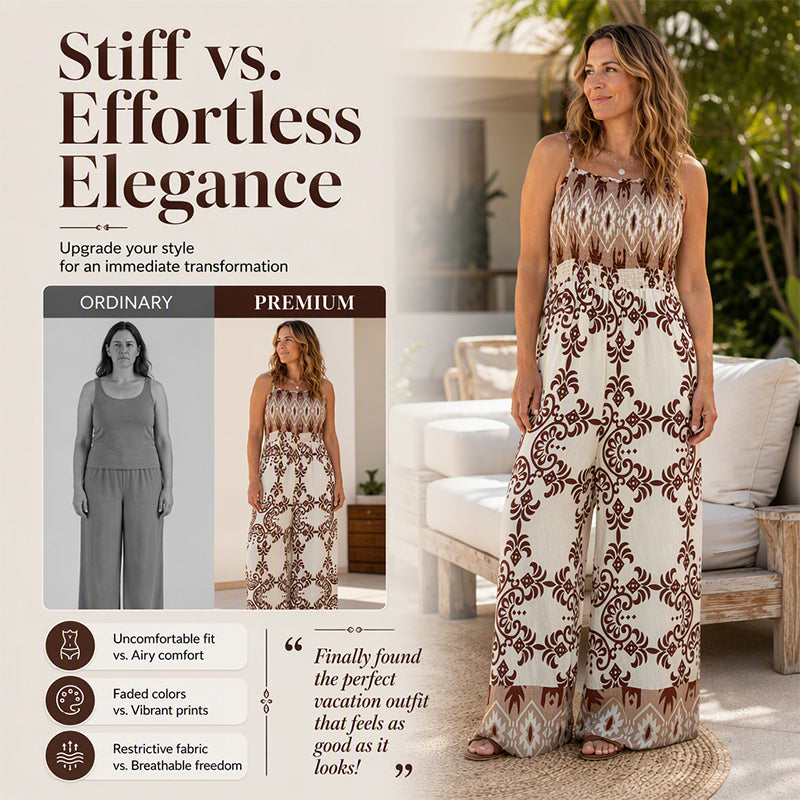 ⌛Limited-Time Offer-Women's Bohemian Print Smocked Jumpsuit