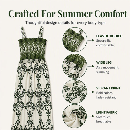 ⌛Limited-Time Offer-Women's Bohemian Print Smocked Jumpsuit