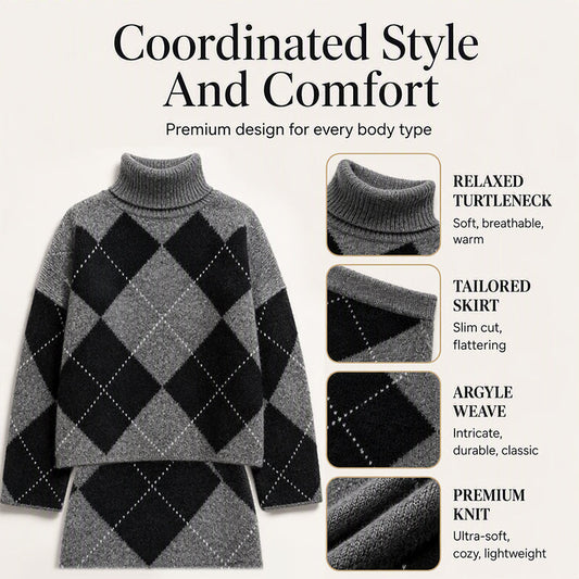 🍁New Fall Collection-Women's Argyle Knit Sweater & Skirt Set
