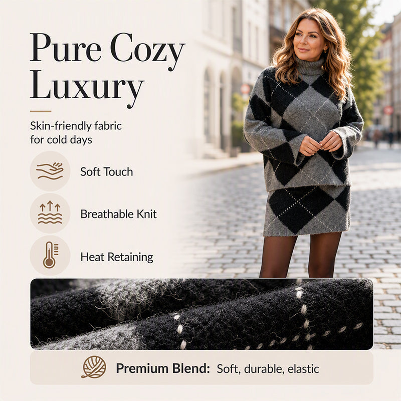 🍁New Fall Collection-Women's Argyle Knit Sweater & Skirt Set