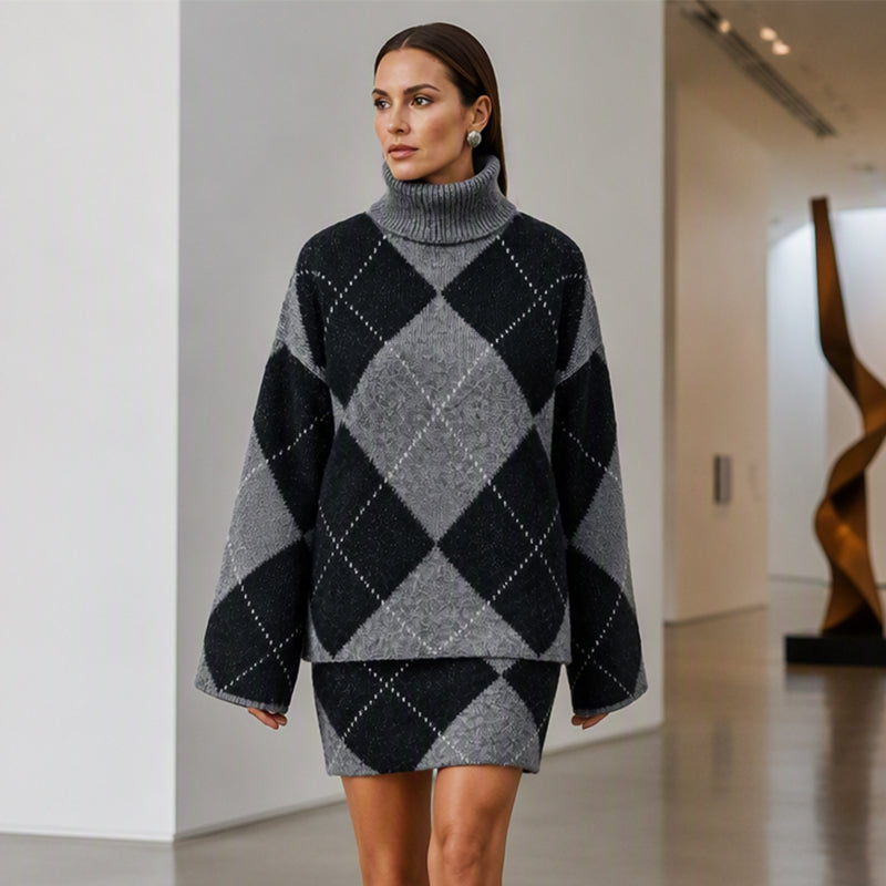 🍁New Fall Collection-Women's Argyle Knit Sweater & Skirt Set