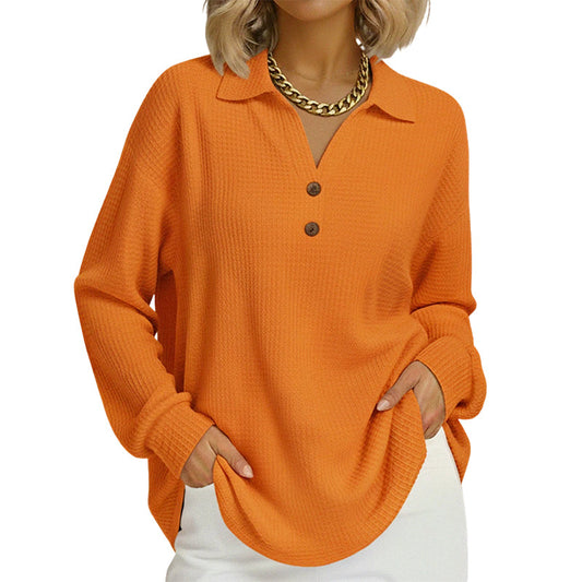 Women's V-Neck Waffle Knit Long Sleeve Top