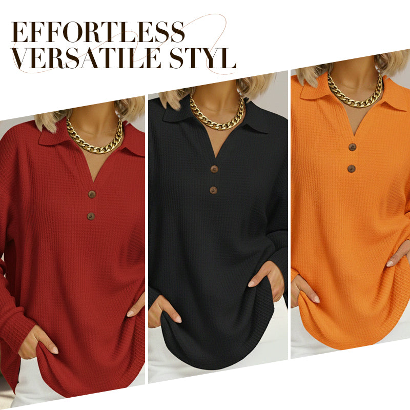 Women's V-Neck Waffle Knit Long Sleeve Top