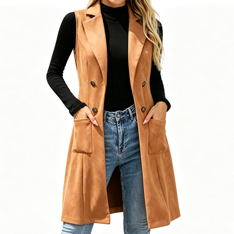 Women's Breasted Long Vest with Pockets