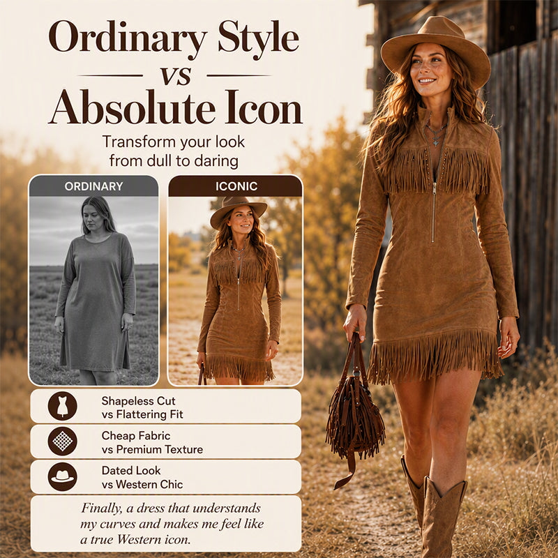 ⌛Limited-Time Offer-Women‘s Western Faux Suede Fringe Dress