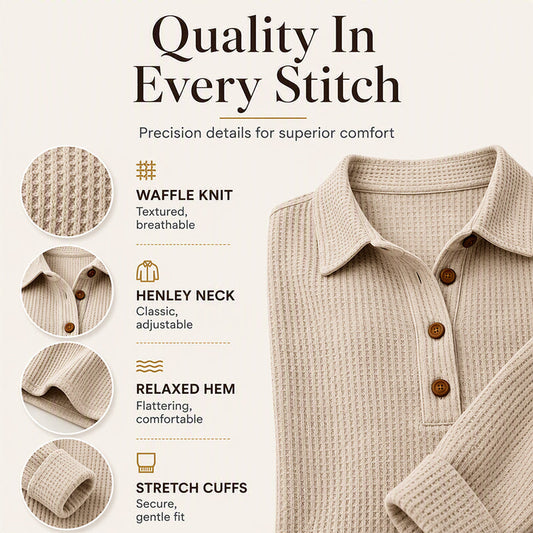 ✨ Textured Comfort | Women's Waffle-Knit Henley Long-Sleeve Top