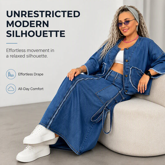 ✨ Standout Denim Style | Women's Raw-Edge Cropped Jacket & Cargo Maxi Skirt 2-Piece Set