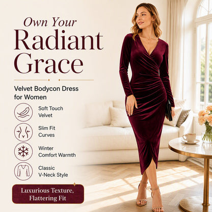 Women's V-Neck Velvet Ruched Bodycon Dress