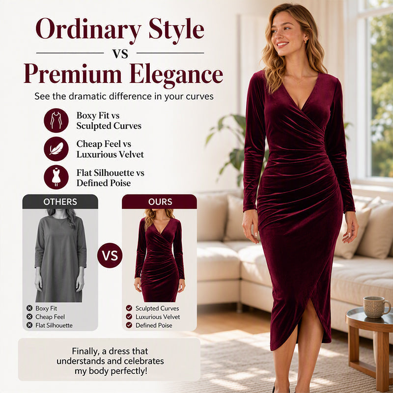 Women's V-Neck Velvet Ruched Bodycon Dress