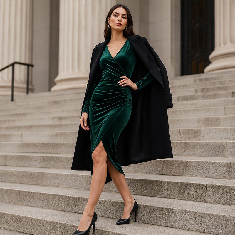 Women's V-Neck Velvet Ruched Bodycon Dress