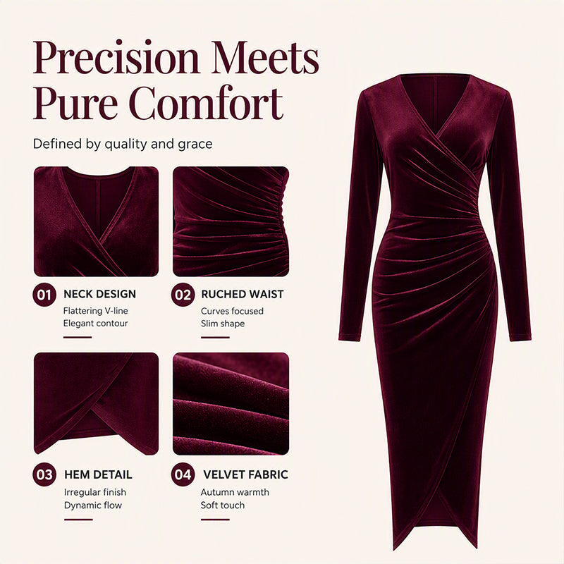 Women's V-Neck Velvet Ruched Bodycon Dress