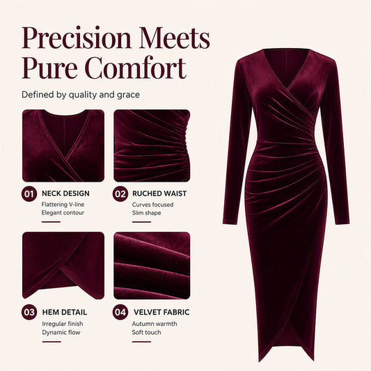 ✨ Velvet Elegance | Women's V-Neck Ruched Bodycon Midi Dress