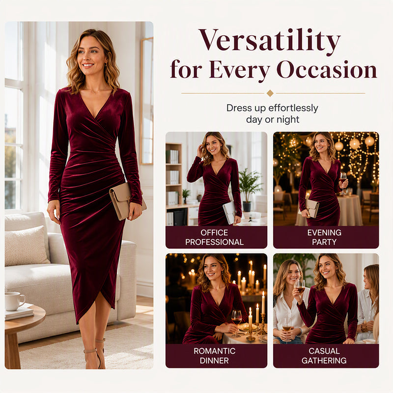 Women's V-Neck Velvet Ruched Bodycon Dress