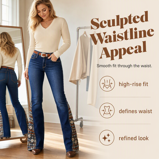 Women's Retro Flared Jeans with Bohemian Print