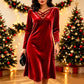Women's Criss-Cross V-Neck Velvet Midi Dress