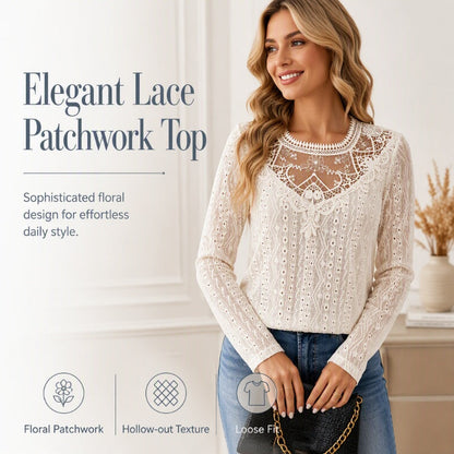 🌸 Lace Detail, Easy Elegance | Women's Floral Lace Patchwork Long-Sleeve Top