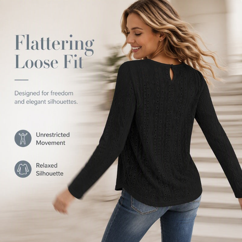 🌸 Lace Detail, Easy Elegance | Women's Floral Lace Patchwork Long-Sleeve Top