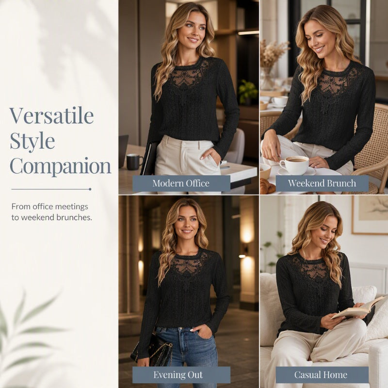 🌸 Lace Detail, Easy Elegance | Women's Floral Lace Patchwork Long-Sleeve Top