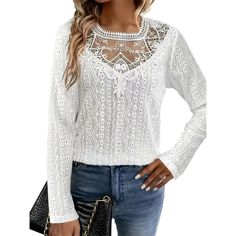 🌸 Lace Detail, Easy Elegance | Women's Floral Lace Patchwork Long-Sleeve Top