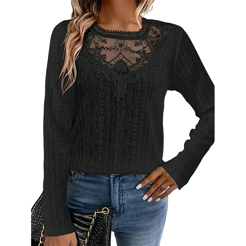 🌸 Lace Detail, Easy Elegance | Women's Floral Lace Patchwork Long-Sleeve Top