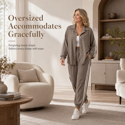 Women's Casual Two-Piece Lounge Set Featuring Oversized Button-Down Shirt and Jogger Pants with Side Stripes