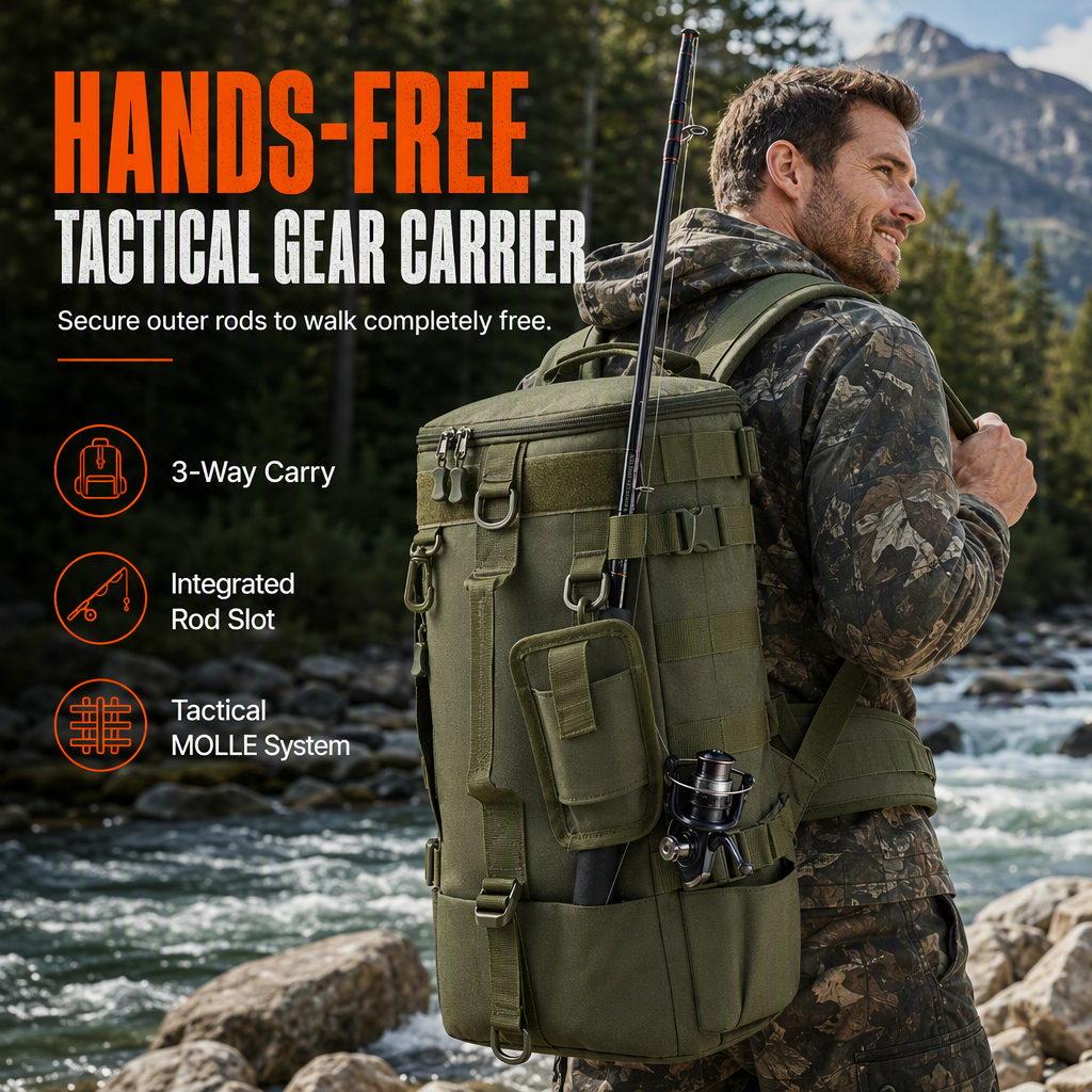 Men's Outdoor Fishing Backpack Large Capacity Multi-functional Travel Bag with Rod Holder Lure Tackle Bag