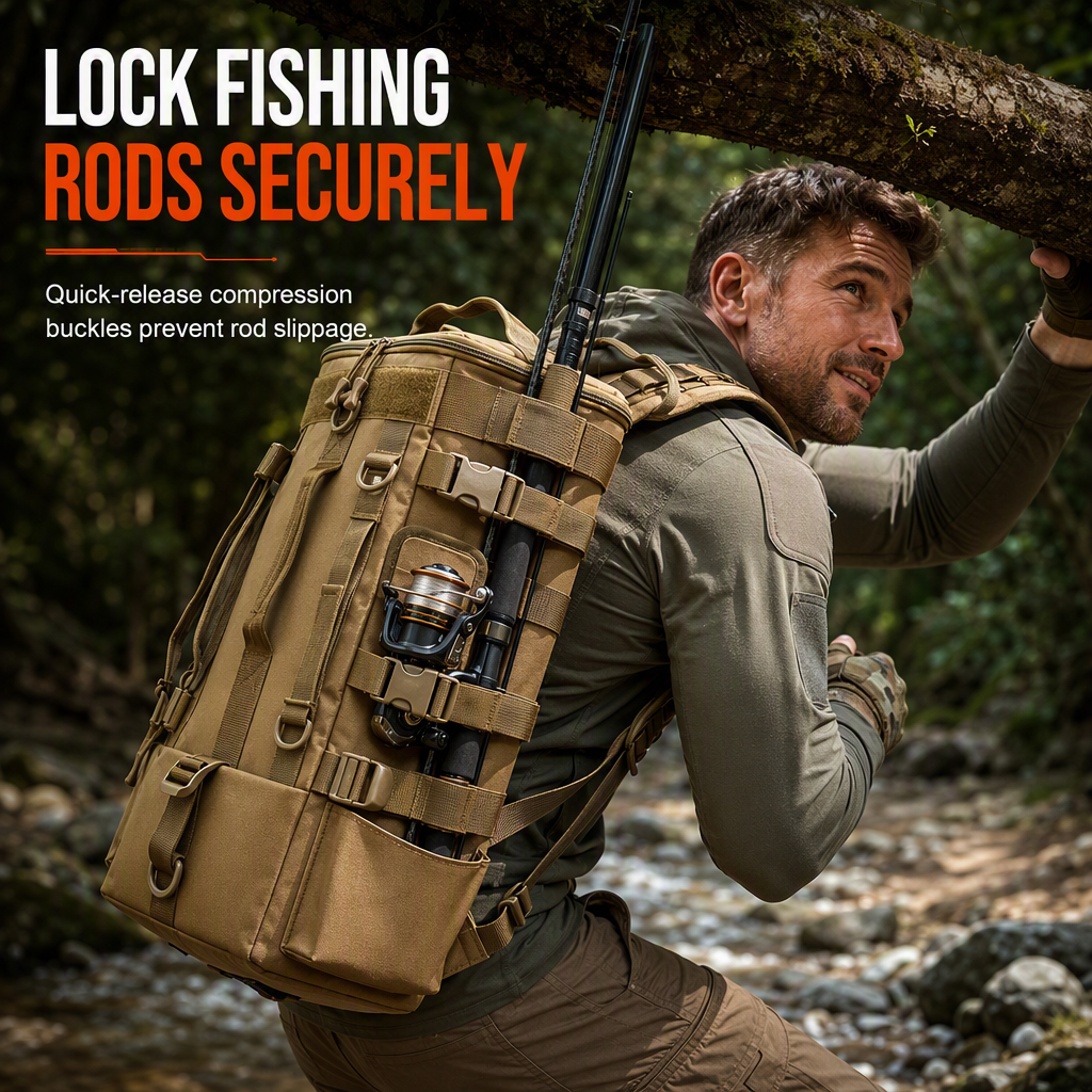 Men's Outdoor Fishing Backpack Large Capacity Multi-functional Travel Bag with Rod Holder Lure Tackle Bag