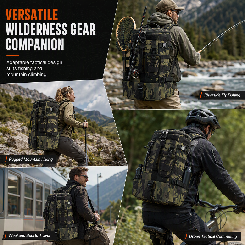 Men's Outdoor Fishing Backpack Large Capacity Multi-functional Travel Bag with Rod Holder Lure Tackle Bag