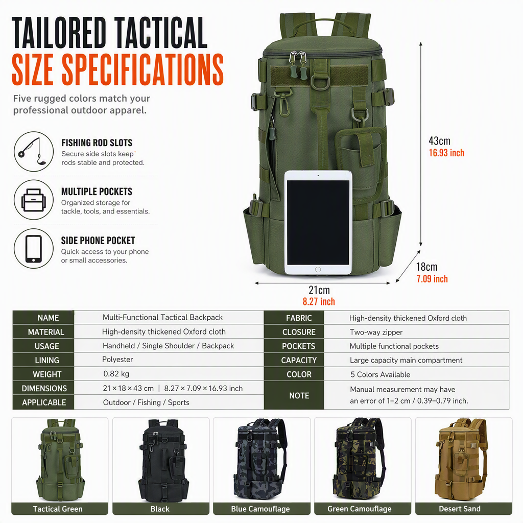 Men's Outdoor Fishing Backpack Large Capacity Multi-functional Travel Bag with Rod Holder Lure Tackle Bag