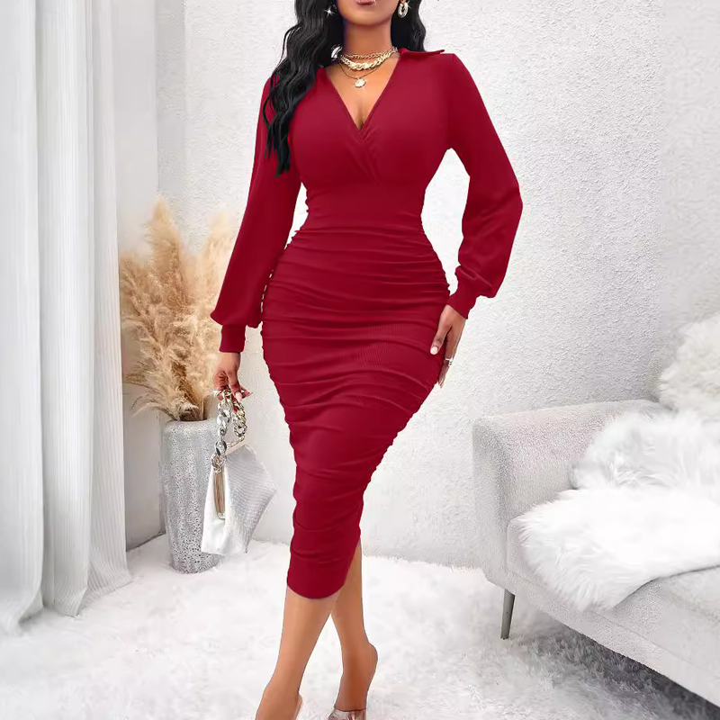 Women's V-Neck Lantern Sleeve Ruched Bodycon Dress