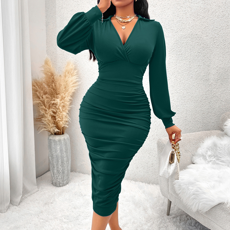 Women's V-Neck Lantern Sleeve Ruched Bodycon Dress