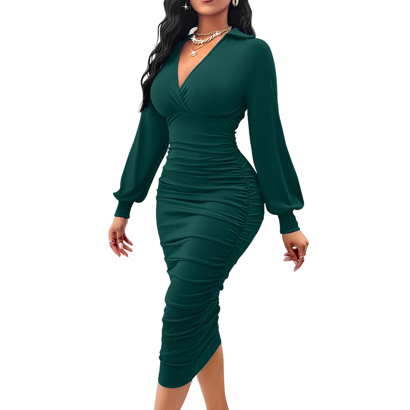 Women's V-Neck Lantern Sleeve Ruched Bodycon Dress