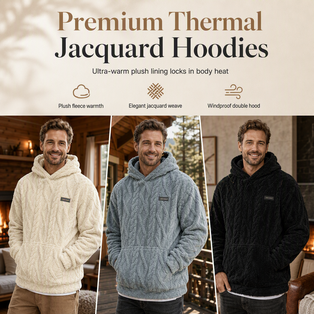 ✨Men's Winter Fleece Lined Hoodie Jacquard Pattern Long Sleeve Pullover Sweatshirt for Casual Outdoor Wear