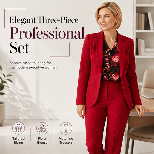 ✨ Executive Elegance | Women's Tailored Blazer, Floral Top & Trousers 3-Piece Suit Set